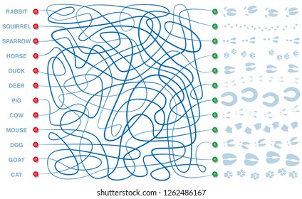 Labyrinth with tracks of animals. Find the right way through the maze to the right footprints of the rabbit, squirrel, sparrow, horse, duck, deer, pig, cow, mouse, dog, goat and cat.
