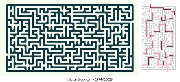 Labyrinth vector big rectangular shape. Maze (labyrinth) game with illustration inside solution.