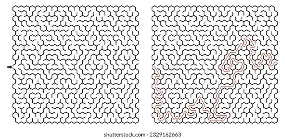 Labyrinth vector graphic. Hexagon (honeycomb) shape, complex maze (labyrinth) game illustration.