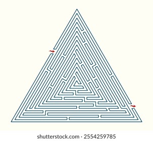 Labyrinth vector graphic, triangle shape. Maze (labyrinth) brain game illustration