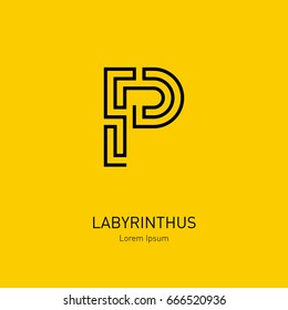 Labyrinth vector logo template. Letter P. Line art rebus, concept logotype icon.