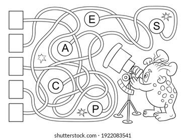 Labyrinths for children. Monsters vector. Make a word out of letters. Maze or Labyrinth Game. Tangled Road. Children's coloring page. Animals outline. Alien coloring book. 
