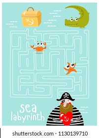 Labyrinths. Find the treasure. The pirate is looking for a treasure. A game for children.