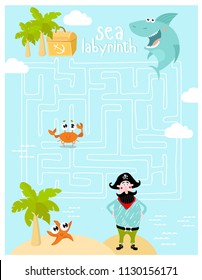 Labyrinths. Find the treasure. The pirate is looking for a treasure. A game for children.