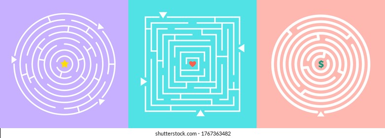 Juego de laberintos. Mazes con estrella cardíaca y dinero. Encontrar riqueza amorosa o metáfora de gloria ilustrativa vectorial