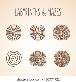 Labyrinths and mazes.  Ethnic Northern labyrinths vector set. Stone age maze. Neolithic. Tribal. Paleolithic.