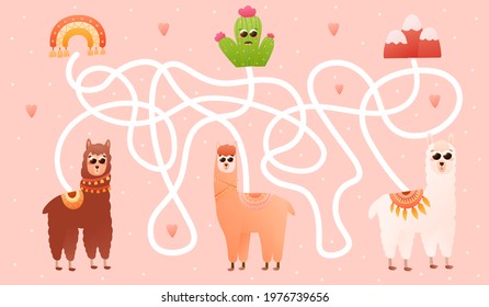Labyritn game for kids with cute alpaca characters, help them find right way to cactus, peru elements, kids maze