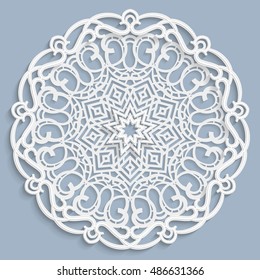 Lace 3D mandala, round symmetrical openwork pattern, lacy doily, decorative  snowflake, arabic ornament, indian ornament, embossed pattern, decorative design element,  vector
