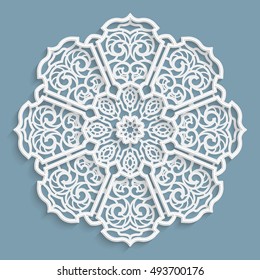 Lace 3D mandala, round symmetrical openwork pattern, lacy doily, decorative  snowflake, arabic ornament, indian ornament, embossed pattern, decorative design element,  vector