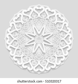 Lace 3D mandala, round symmetrical openwork pattern, lacy doily, decorative  snowflake, arabic ornament, indian ornament, embossed pattern, decorative design element,  vector