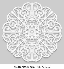 Lace 3D mandala, round symmetrical openwork pattern,  decorative  snowflake, arabic ornament, indian ornament, embossed pattern, decorative design element,  vector