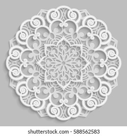 Lace 3D mandala,  round symmetrical openwork pattern,  decorative  snowflake, arabic ornament, decorative design element,  vector.