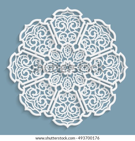 Lace 3D mandala, round symmetrical openwork pattern, lacy doily, decorative  snowflake, arabic ornament, indian ornament, embossed pattern, decorative design element,  vector