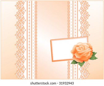 Lace and Antique Satin, Victorian style present. Gift card with pastel peach flower, copy space to add your greeting for Mother's Day, birthdays, anniversaries, showers, weddings. 