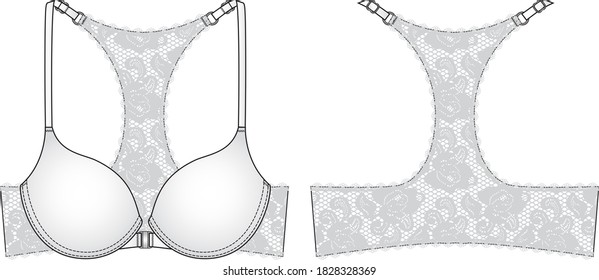 Lace Back Bra technical illustration white. Editable lingerie flat sketch