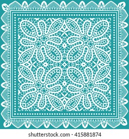 Lace background. Abstract square geometric lace pattern with ornate frame, tribal ethnic ornament. Bandanna shawl fabric print, silk neck scarf or kerchief design, vector graphic illustration. 
