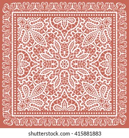 Lace background. Abstract square geometric lace pattern with ornate frame, tribal ethnic ornament. Bandanna shawl fabric print, silk neck scarf or kerchief design, vector graphic illustration. 