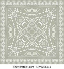 Lace background. Doodle ornament with geometric frame border, arabic pattern. Decorative hand drawn line background. Bandanna shawl, hijab, tablecloth fabric print, silk neck scarf, kerchief design