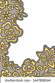 Lace background with gold flowers. Vintage golden embroidery on lacy texture grid.