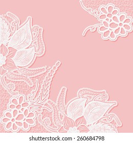 Lace background with space for text. Template wedding invitation or greeting card with an openwork pattern. Vector illustration. 