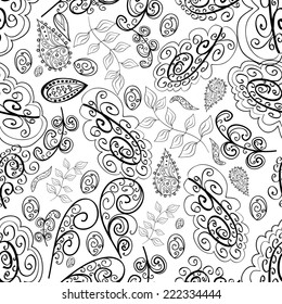 Lace black seamless pattern with doodles on white background 