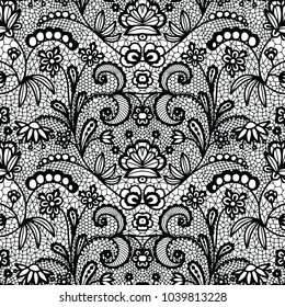 Lace black seamless pattern with flowers on white background