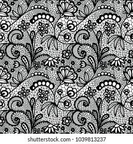 Lace black seamless pattern with flowers on white background