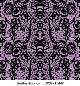 Lace black seamless pattern with flowers on white background