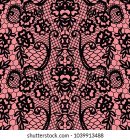 Lace black seamless pattern with flowers on white background