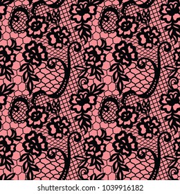 Lace black seamless pattern with flowers on white background