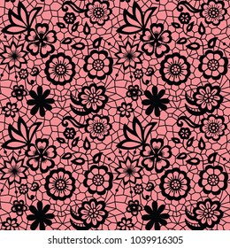 Lace black seamless pattern with flowers on white background