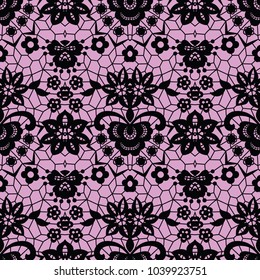 Lace black seamless pattern with flowers on white background