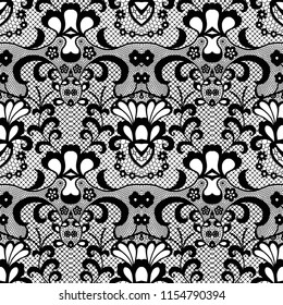 Lace black seamless pattern with flowers on white background