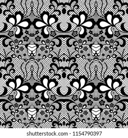 Lace black seamless pattern with flowers on white background