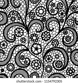 Lace black seamless pattern with flowers on white background