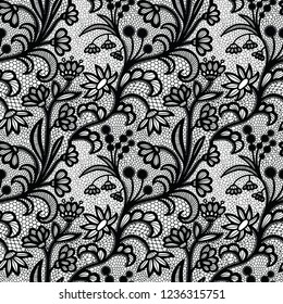 Lace black seamless pattern with flowers on white background