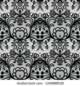 Lace black seamless pattern with flowers on white background