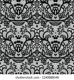 Lace black seamless pattern with flowers on white background