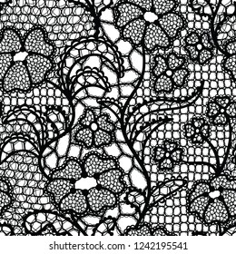 Lace black seamless pattern with flowers on white background