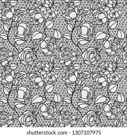 Lace black seamless pattern with flowers on grey background