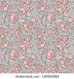 Lace black seamless pattern with flowers on grey background