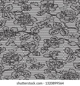 Lace black seamless pattern with flowers on white background - Vector
