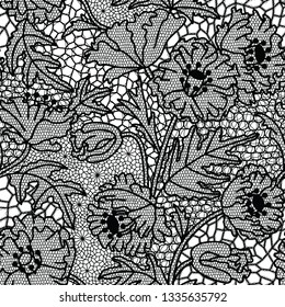 Lace black seamless pattern with flowers on white background