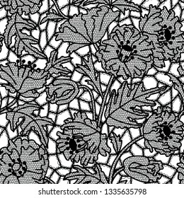 Lace black seamless pattern with flowers on white background