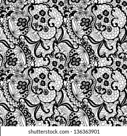 Lace black seamless pattern with flowers on white background