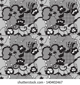 Lace black seamless pattern with flowers on white background