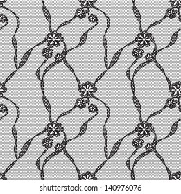 Lace black seamless pattern with flowers on white background
