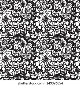 Lace black seamless pattern with flowers on white background