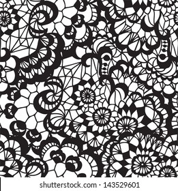 Lace black seamless pattern with flowers on white background