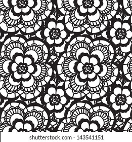 Lace black seamless pattern with flowers on white background